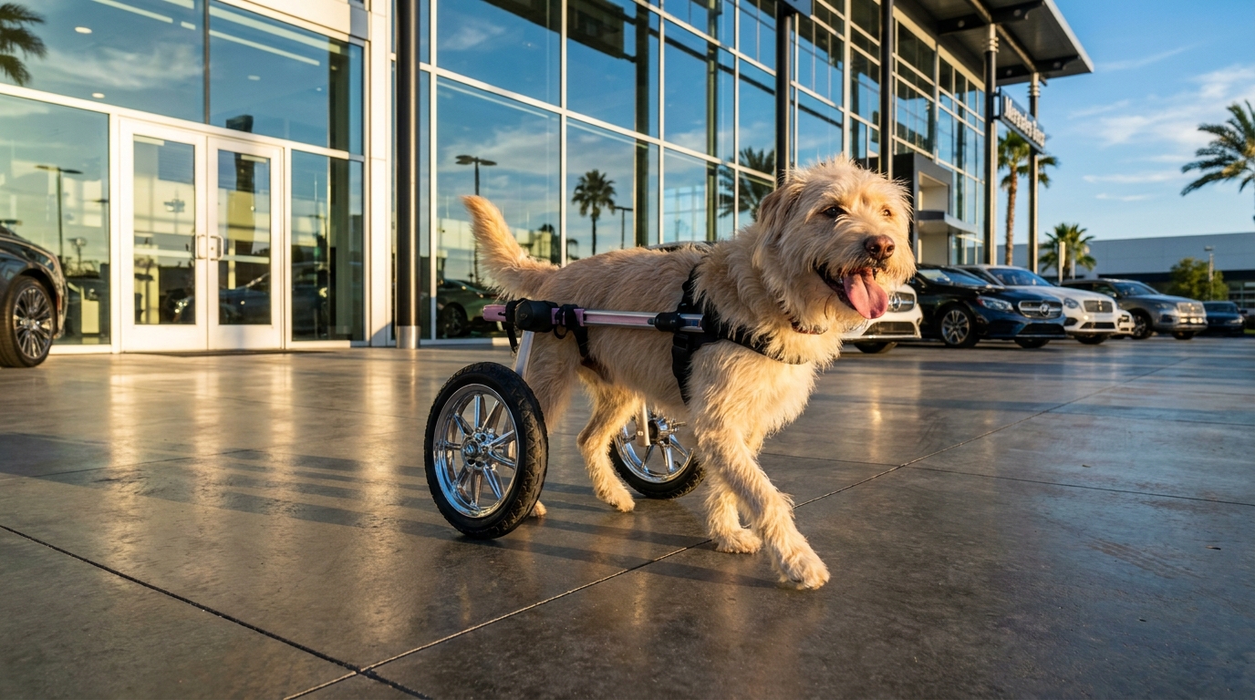 Bunny, une chienne au pelage clair, regarde la caméra avec joie en étant dans son fauteuil roulant personnalisé par Mercedes-Benz.