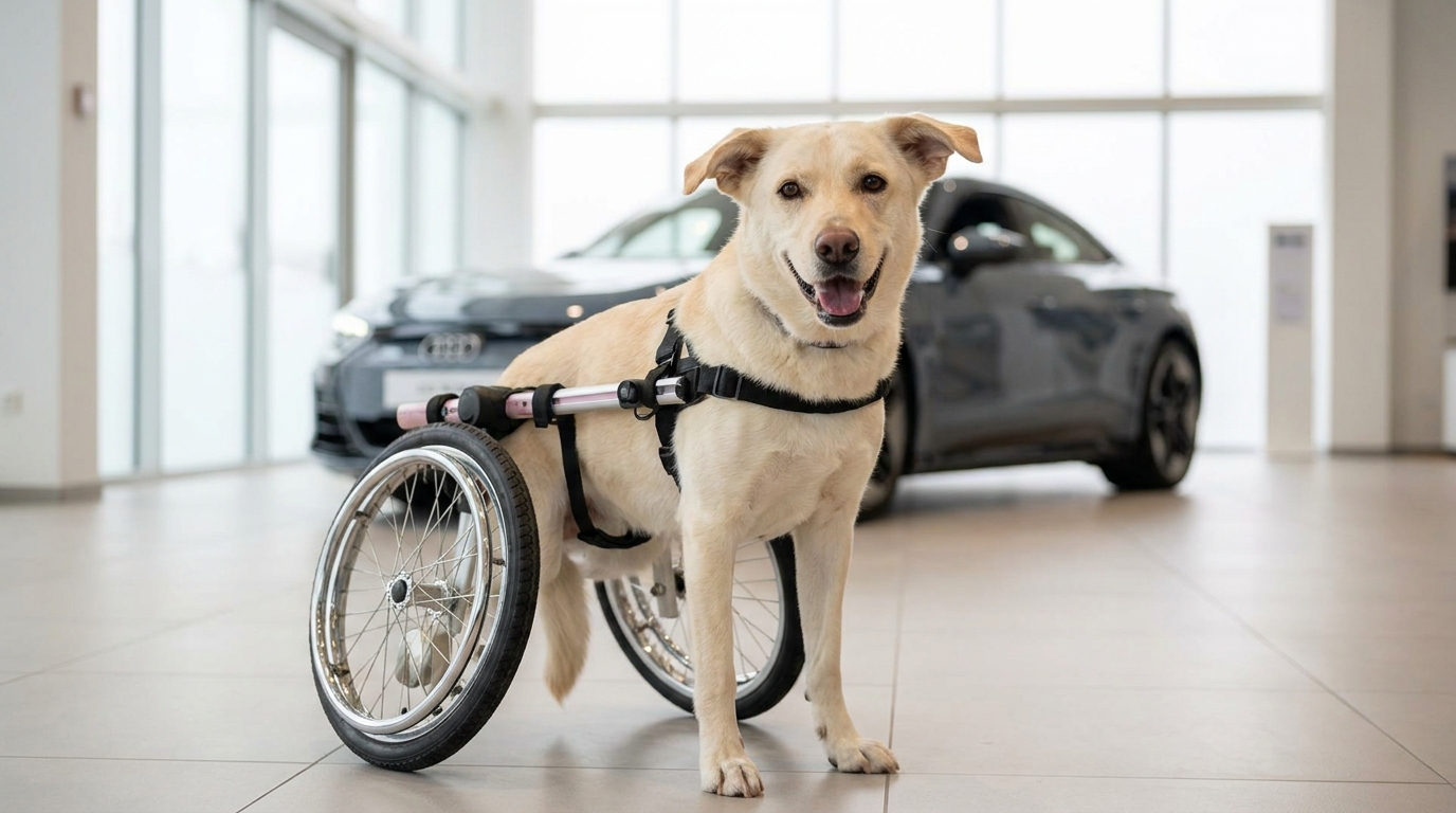 Bunny, une chienne de refuge paralysée, trottine joyeusement dans une concession Mercedes-Benz grâce à son nouveau fauteuil roulant sur mesure.