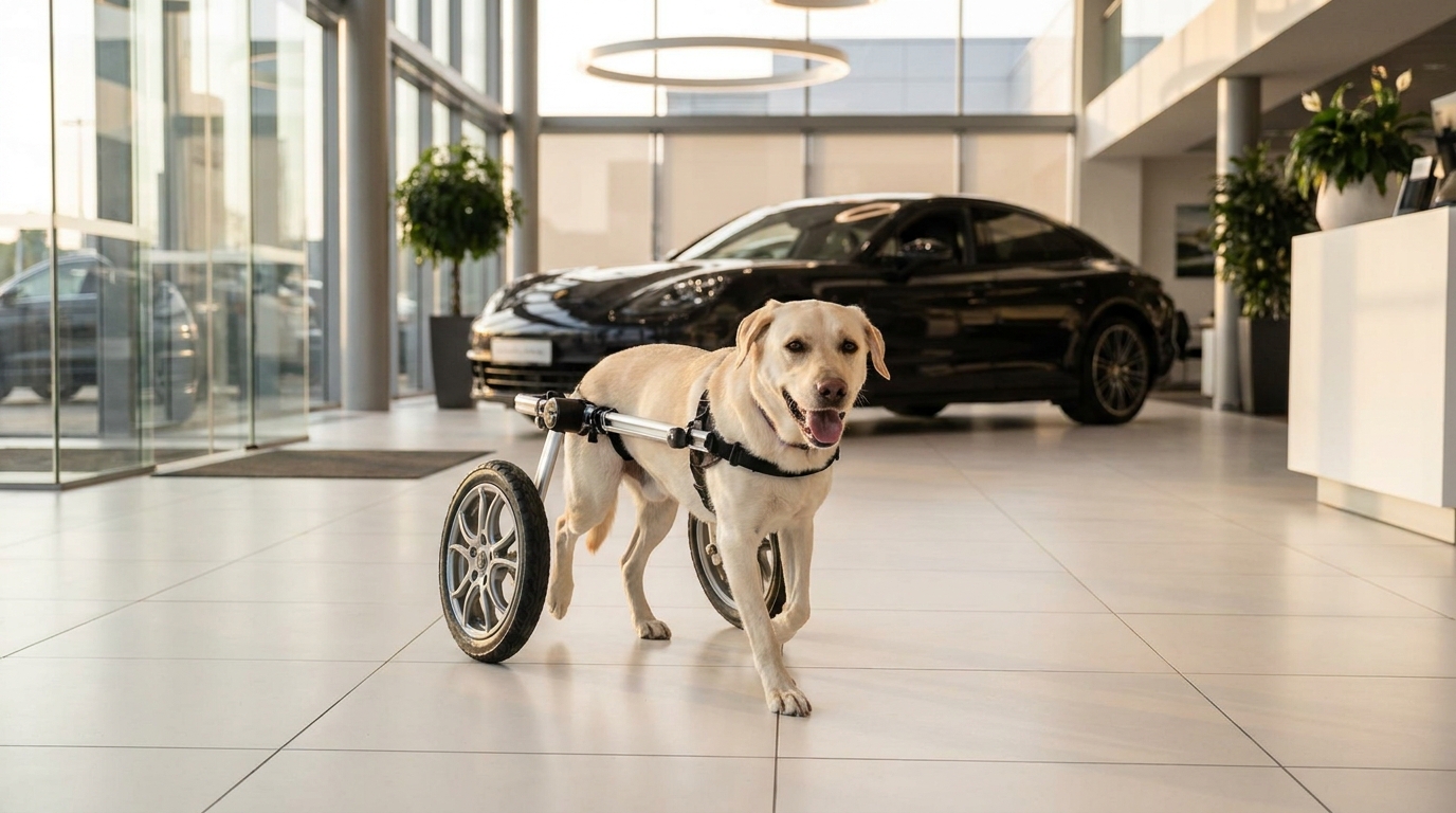 Bunny, une chienne de refuge, trotte joyeusement grâce à son fauteuil roulant personnalisé offert par Mercedes-Benz dans une concession.