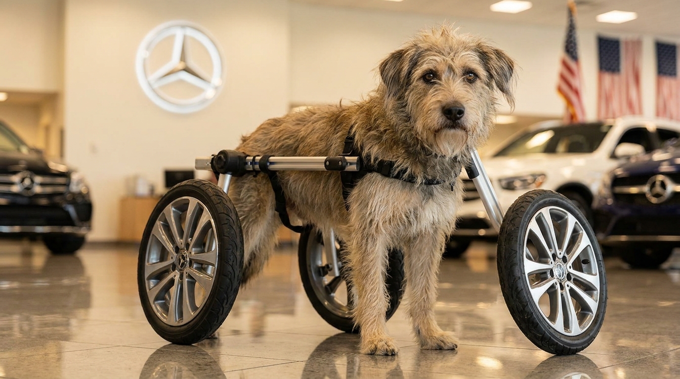 Bunny, une petite chienne paralysée, regarde la caméra avec espoir dans son nouveau fauteuil roulant offert par Mercedes-Benz.