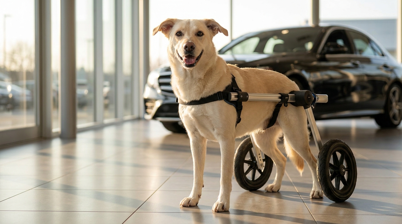 Une chienne de type croisé, heureuse et pleine de vie, trottine grâce à un fauteuil roulant sur mesure dans un hall de concession.