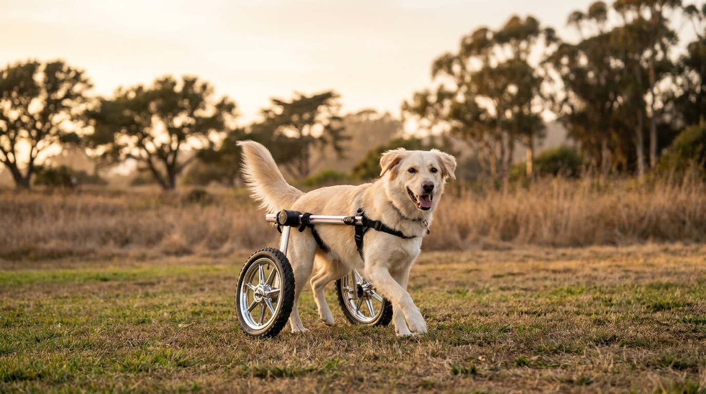 Une chienne au pelage clair trotte joyeusement dans un parc grâce à son fauteuil roulant sur mesure, dont les roues rappellent des jantes de voiture.
