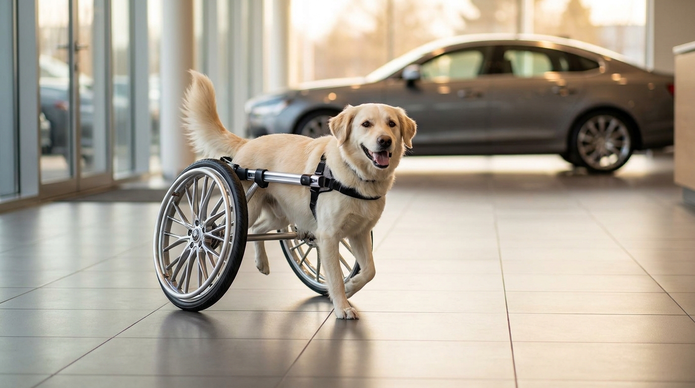 Bunny, une chienne aux couleurs claires, trottine joyeusement dans une concession automobile grâce à son nouveau fauteuil roulant sur mesure.