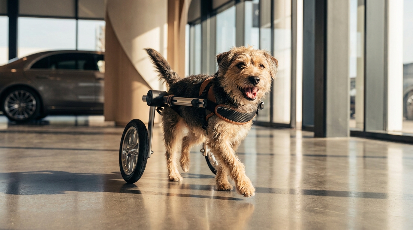 Bunny, une chienne handicapée, trottine joyeusement dans une concession grâce à son nouveau fauteuil roulant personnalisé offert par une grande marque.
