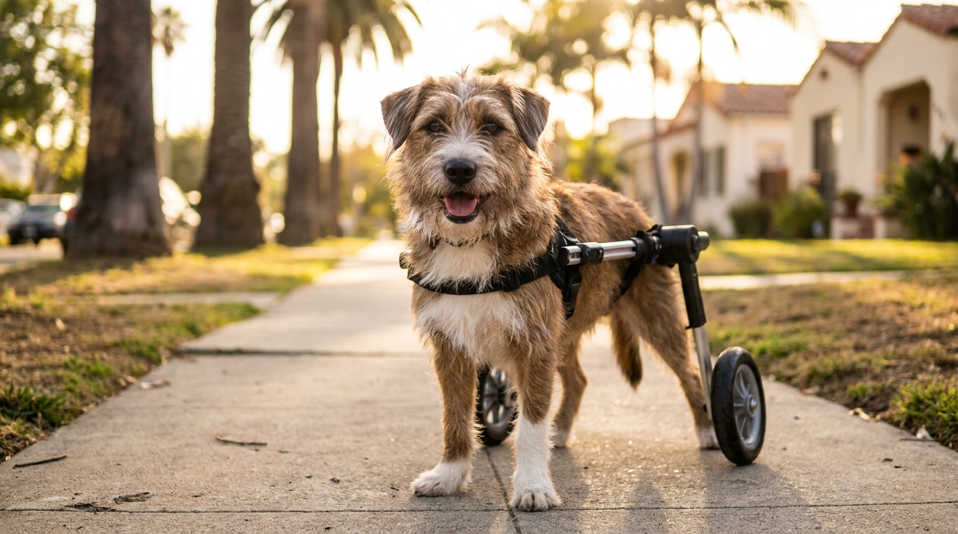 Bunny, une adorable chienne paralysée, regarde la caméra avec espoir, équipée de son nouveau fauteuil roulant aux couleurs de Mercedes.