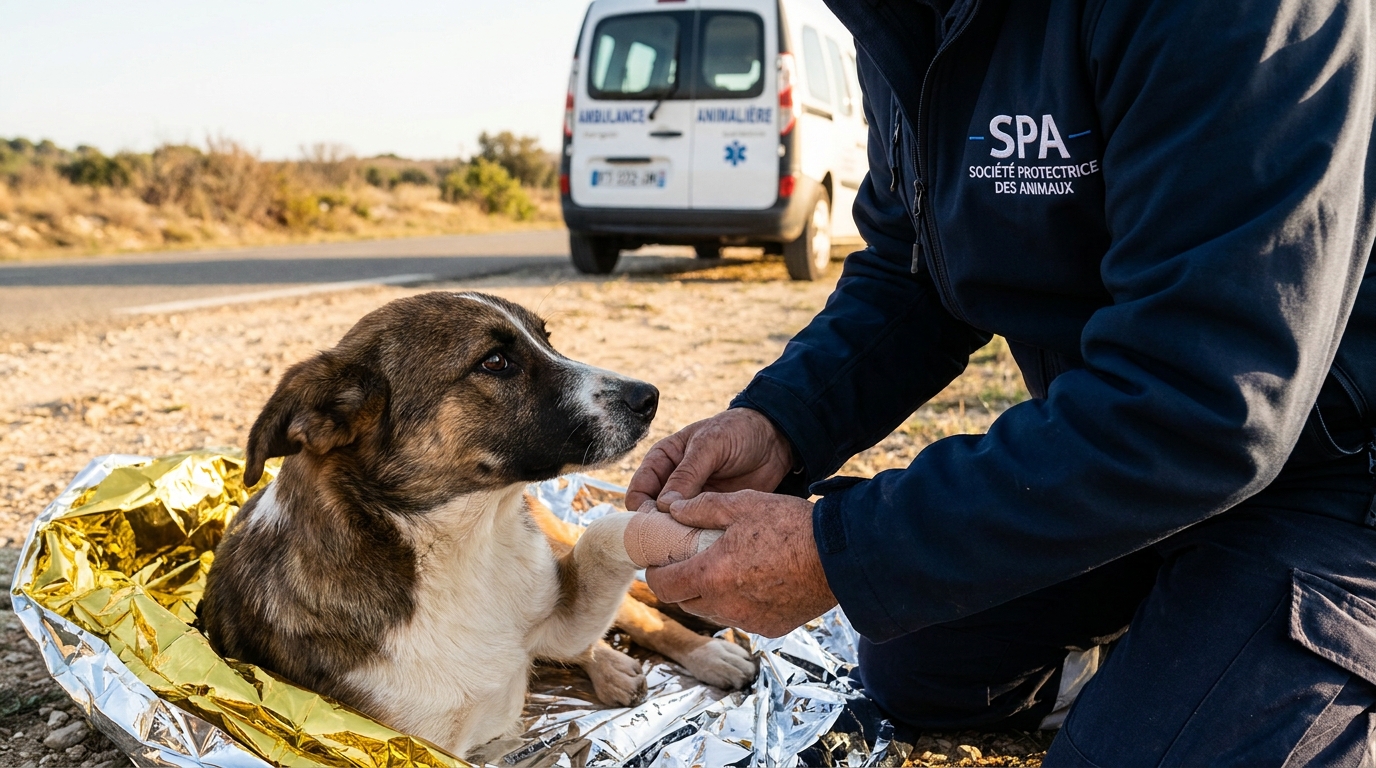 Une jeune chienne blessée est prise en charge par un soignant au bord d'une route, symbolisant son sauvetage après un acte de cruauté.