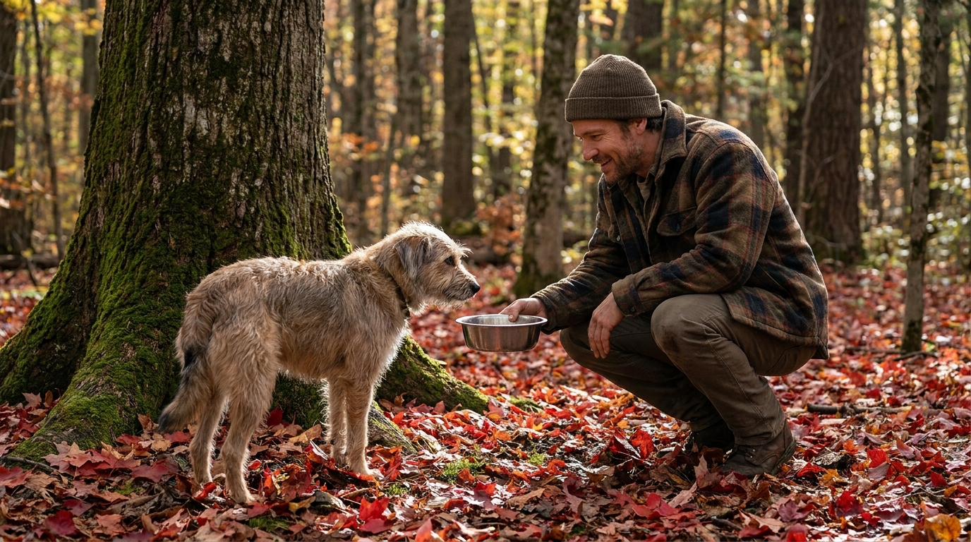 Un homme agenouillé dans une forêt d'automne au Canada, tendant doucement une gamelle d'eau à une chienne craintive mais reconnaissante.