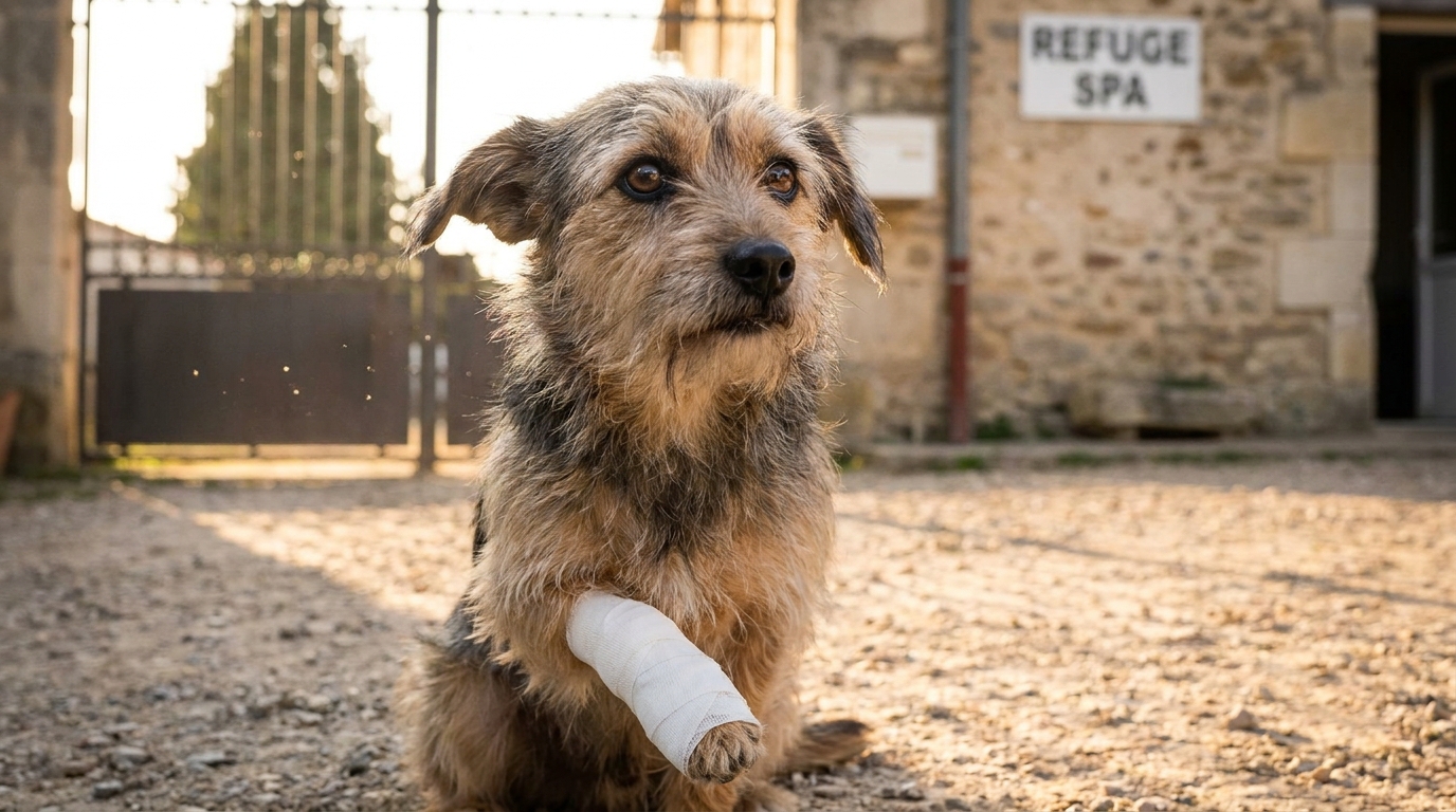 Yumi, une petite chienne au regard touchant, assise avec sa patte avant bandée dans la cour d'un refuge de la SPA.
