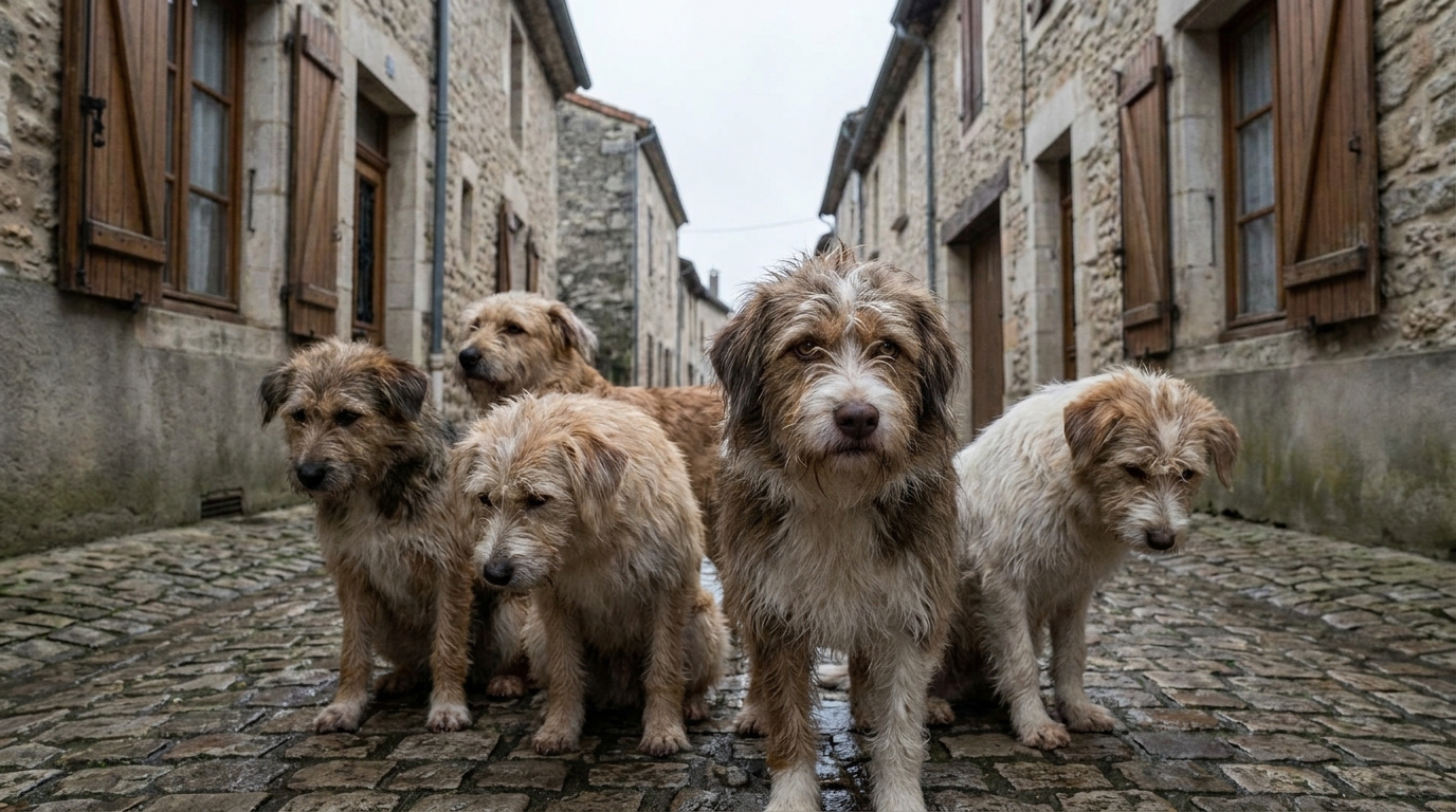 Un groupe de chiens d'apparences diverses regarde tristement dans une rue pavée d'un village français, évoquant une attente et un drame.