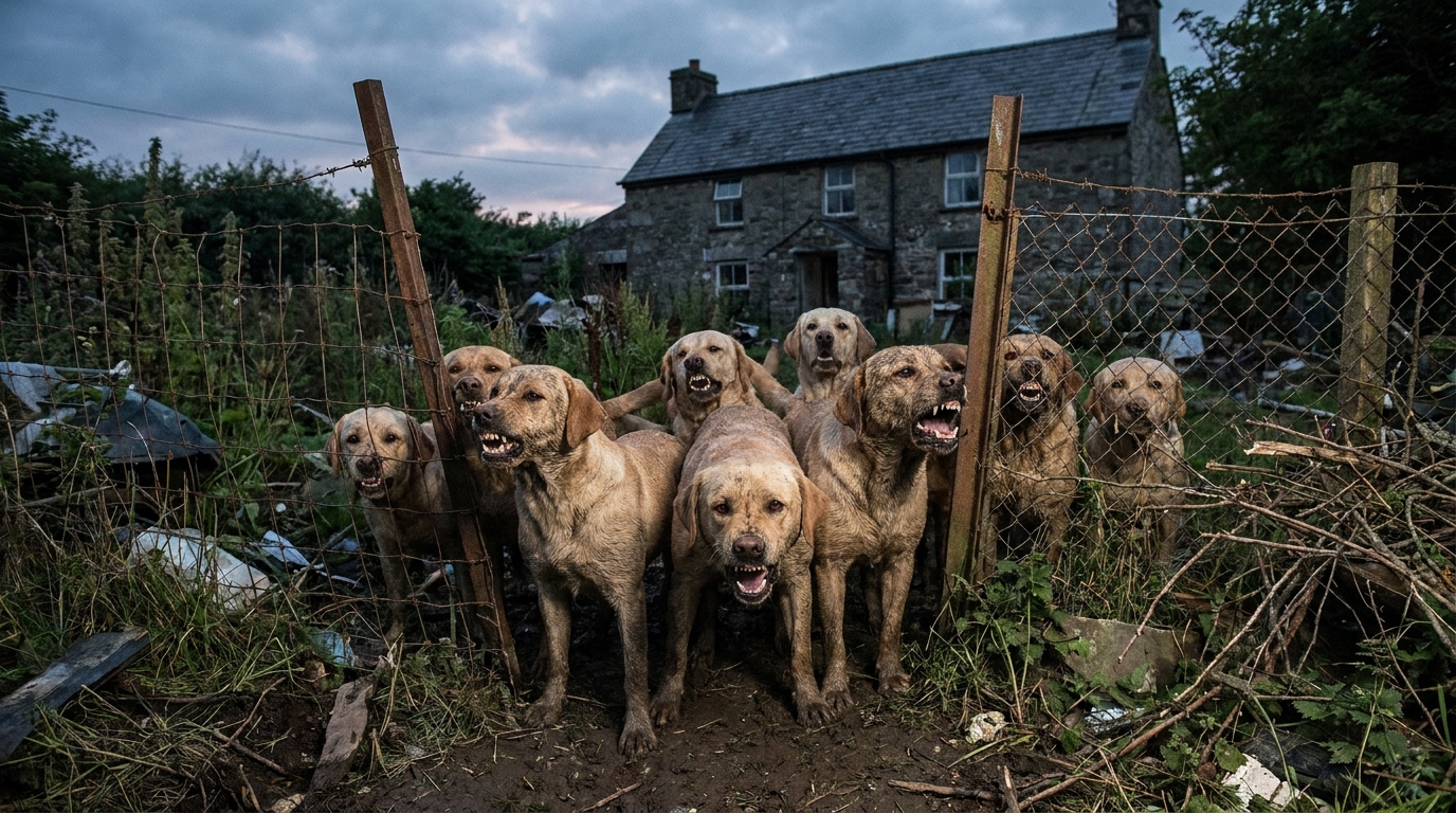 Neuf chiens de type labrador croisé se tenant de manière menaçante dans un jardin mal entretenu, symbolisant un danger.
