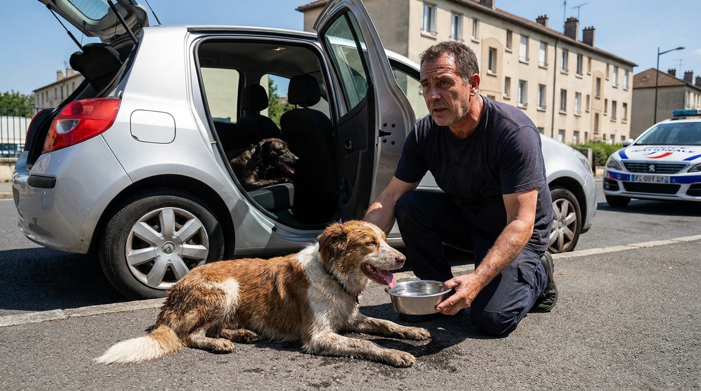 Un sauveteur donne de l'eau à un chien haletant à côté d'une voiture, un jour de forte chaleur en ville.
