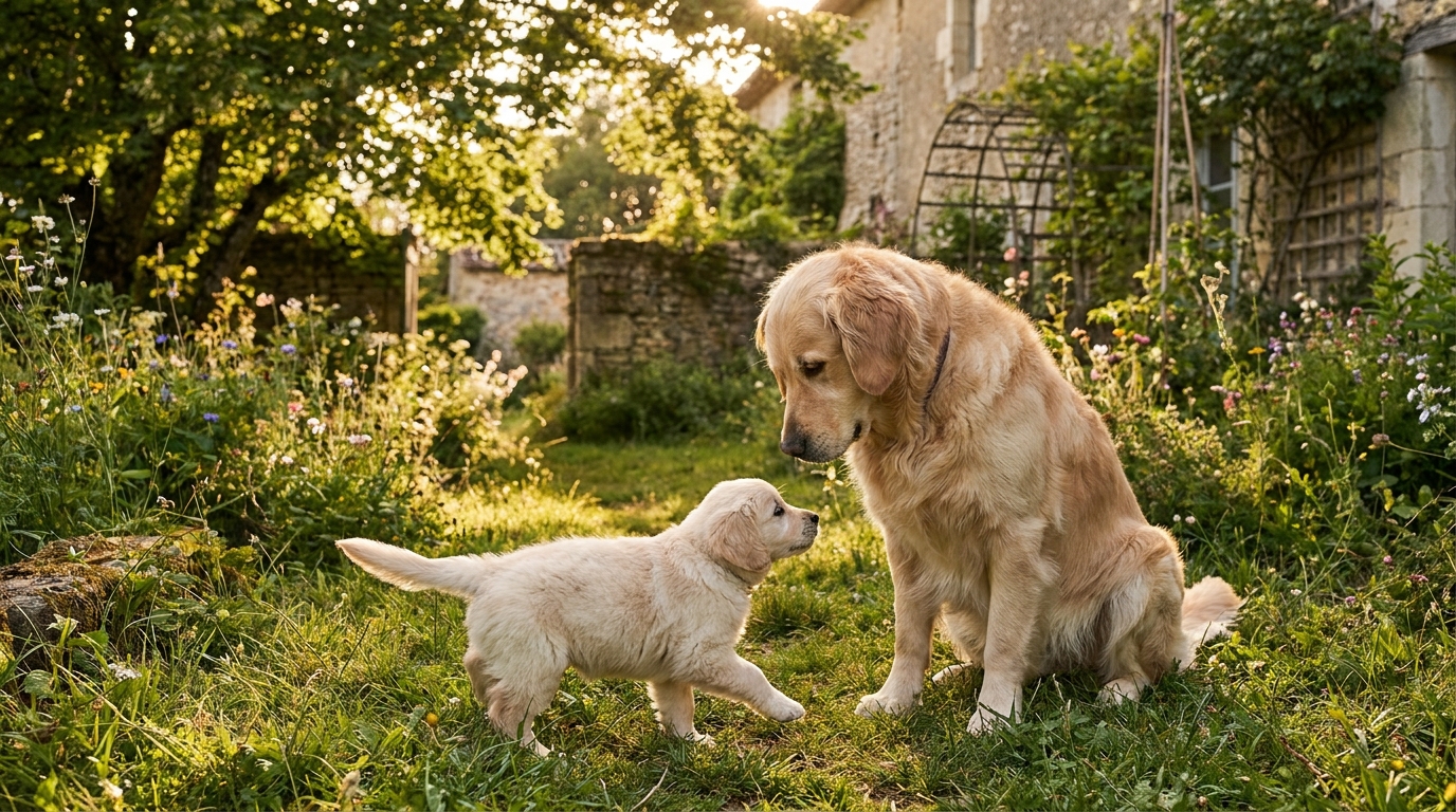 Un petit chiot au poil clair regarde avec confiance un grand chien bienveillant, assis dans l'herbe d'un jardin ensoleillé.