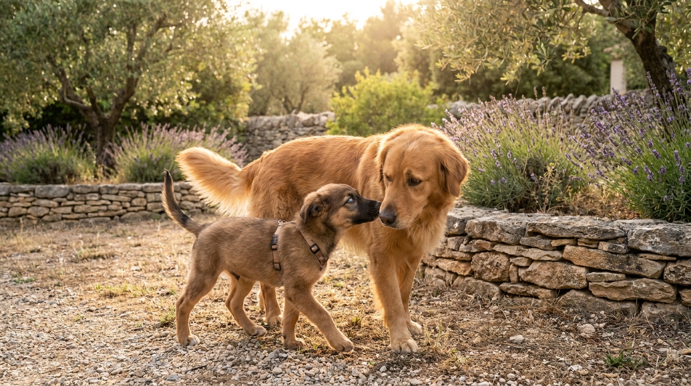 La petite chienne Bahia, aveugle de naissance, se blottit contre son chien guide, un compagnon bienveillant dans un jardin ensoleillé.
