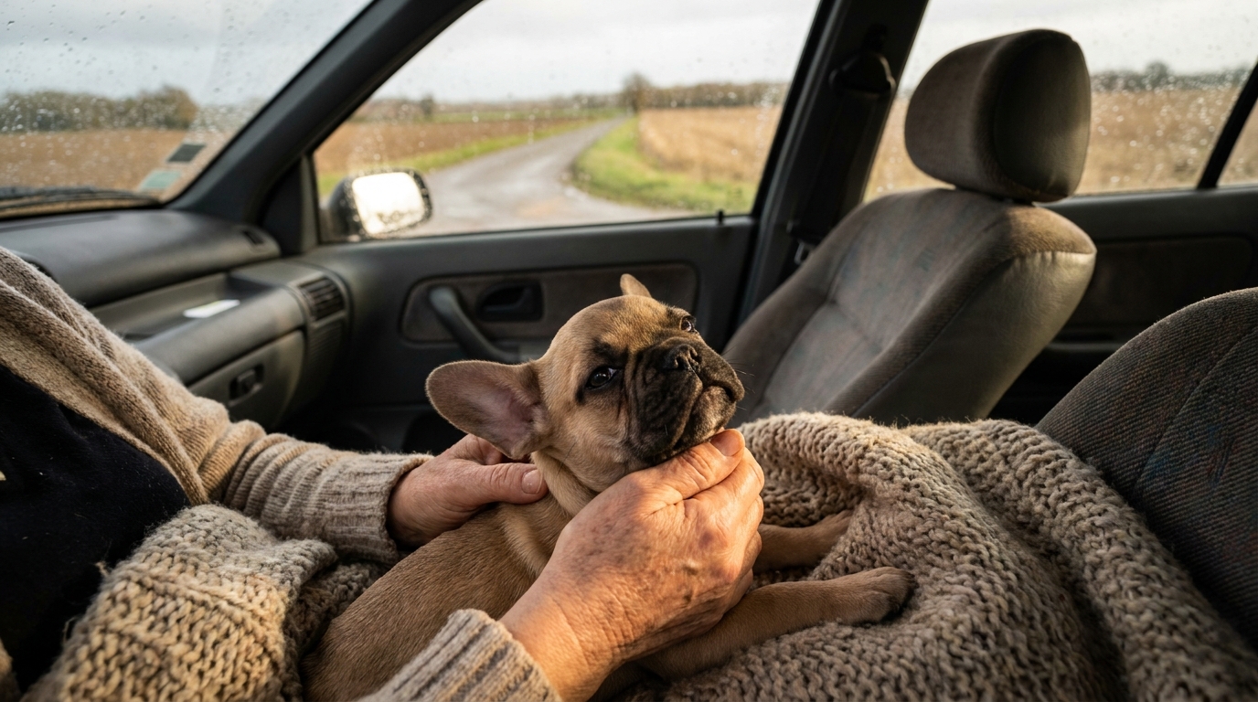 Une femme prend soin d'un jeune chiot Bouledogue Français à l'air triste mais plein d'espoir, emmitouflé dans une couverture douce.