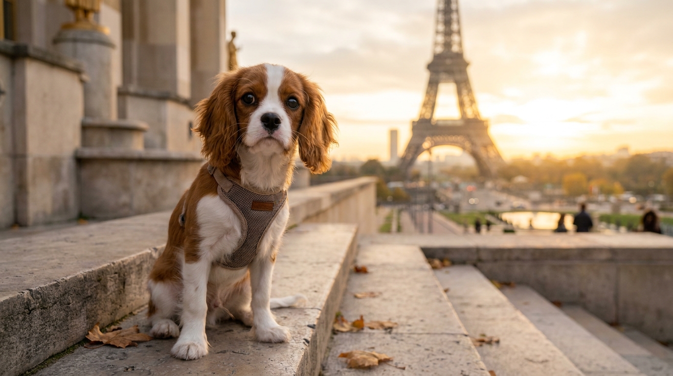 Un adorable chiot Cavalier King Charles Spaniel pose devant la Tour Eiffel à Paris, symbolisant son arrivée pour le tournoi de Roland-Garros.