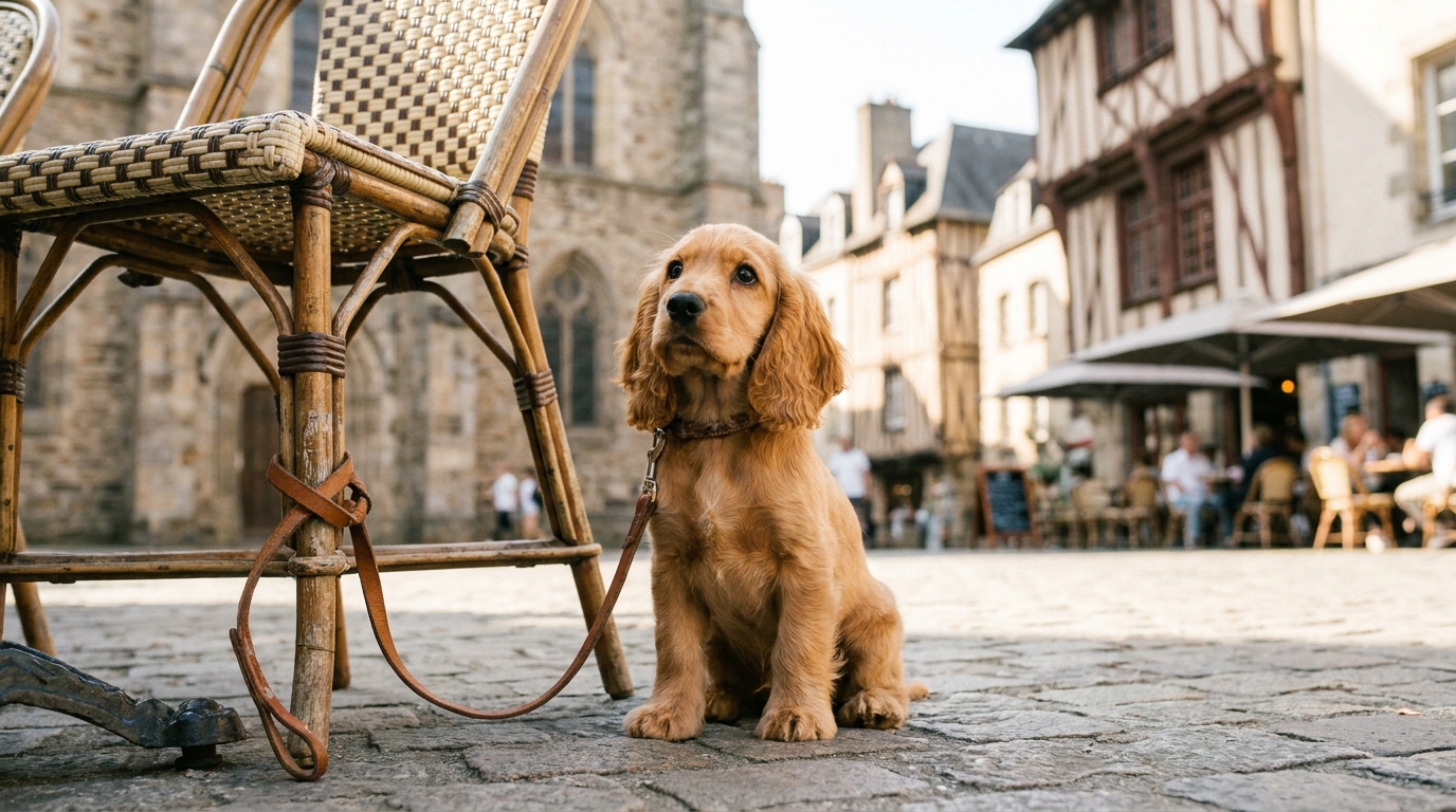 Un jeune chiot cocker spaniel assis sagement en laisse sur une terrasse de café en ville, regardant avec curiosité.