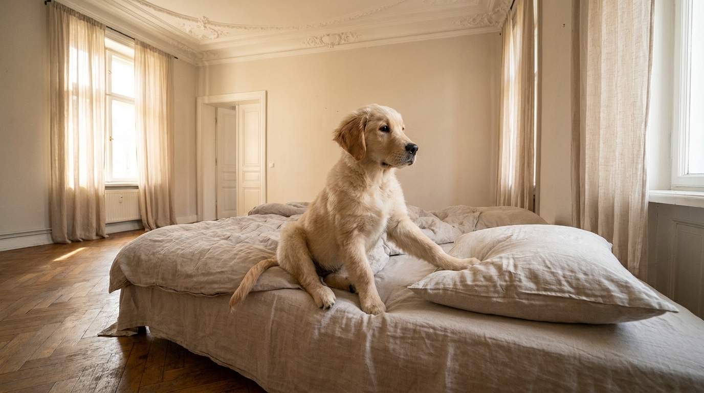 Un jeune chiot Golden Retriever est couché sur un lit défait, la tête posée sur un oreiller, regardant tristement vers la porte.