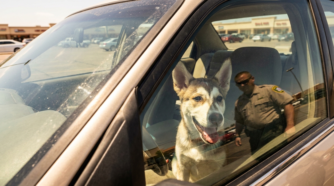 Un jeune chiot de type Husky, haletant sur le siège d'une voiture surchauffée, regarde à travers la vitre lors d'une opération de sauvetage.