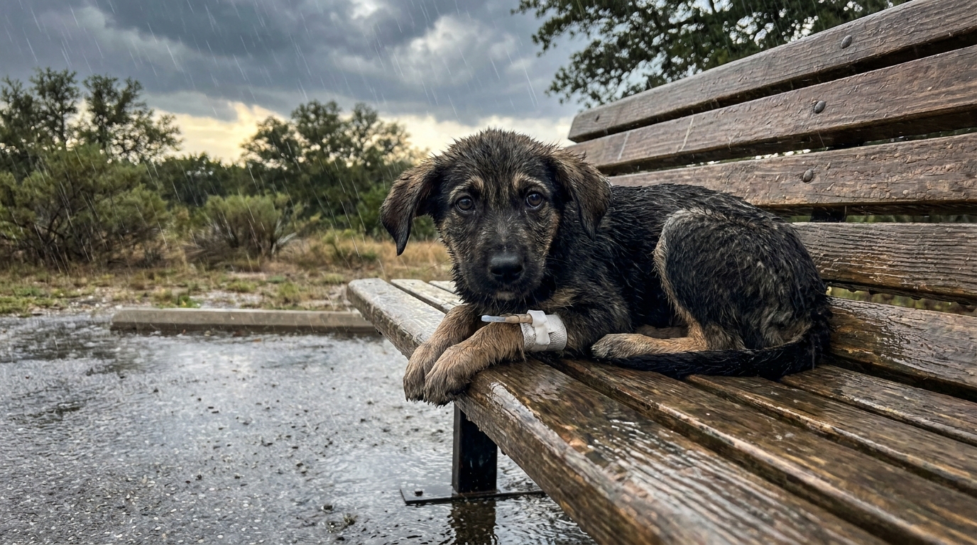Un petit chiot trempé et l'air malade, recroquevillé sur un banc en bois dans un parc public sous une pluie battante.