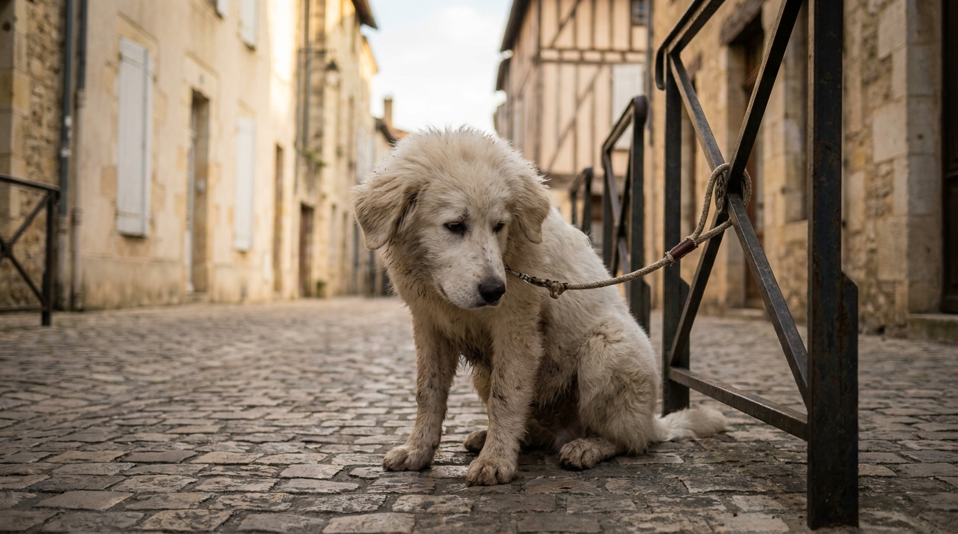 Un jeune chiot de type Patou, au pelage blanc, regarde tristement la caméra, assis près d'une barrière en métal dans une rue de Bergerac.