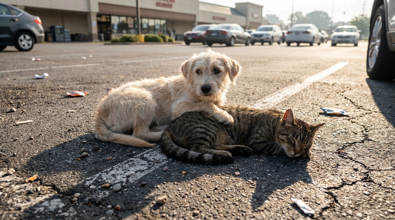 Un jeune chiot au regard inquiet posant délicatement sa patte sur un chat couché à ses côtés sur le bitume d'un parking.