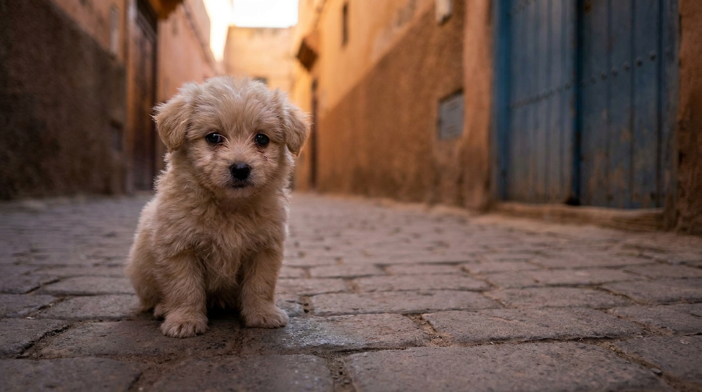 Un jeune chiot au regard triste, seul dans une ruelle, symbolisant la vulnérabilité et l'abandon des animaux.