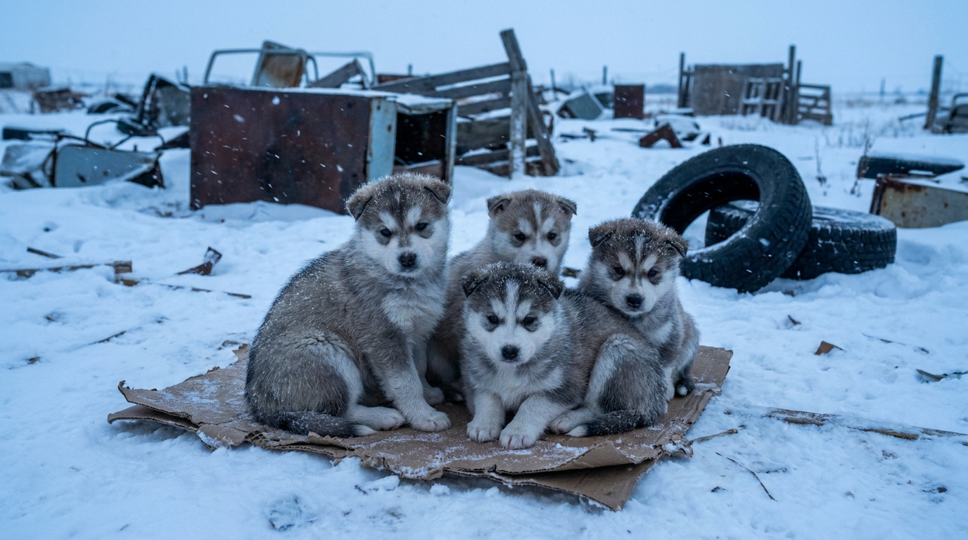 Quatre petits chiots croisés Husky blottis les uns contre les autres sur un carton dans une décharge enneigée au Canada.