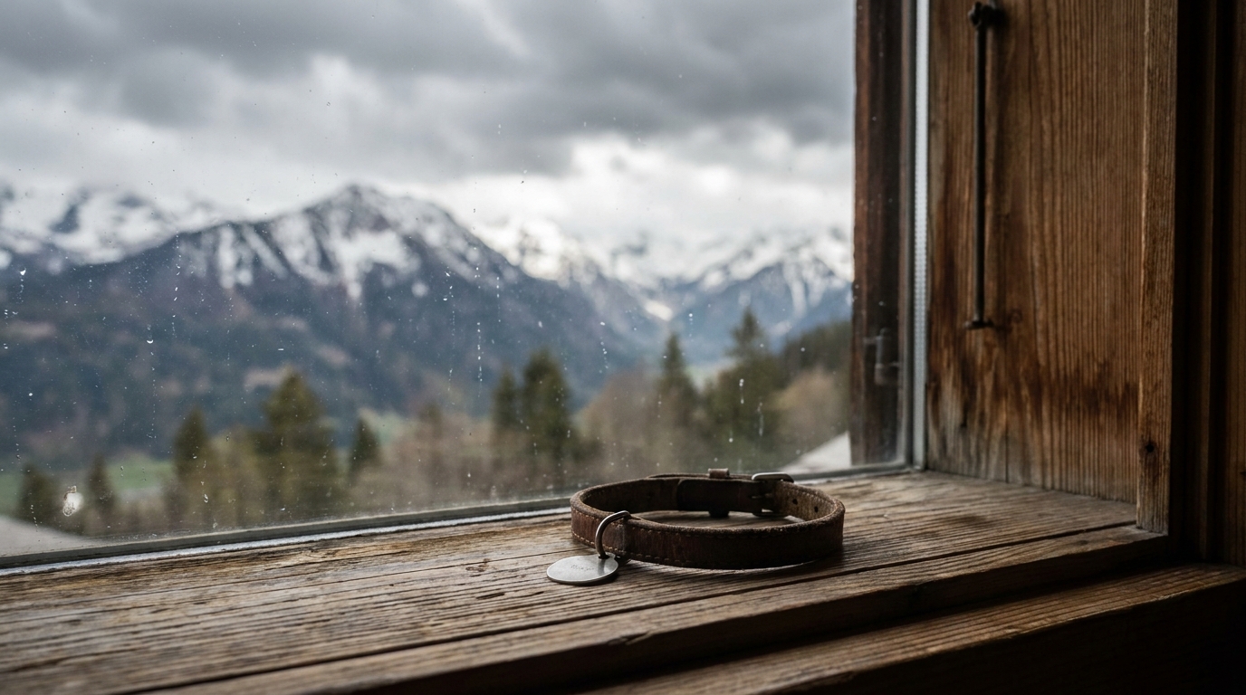 Un collier de chat abandonné sur le rebord d'une fenêtre, symbolisant la perte et la peur suite à la découverte de chats en Haute-Savoie.