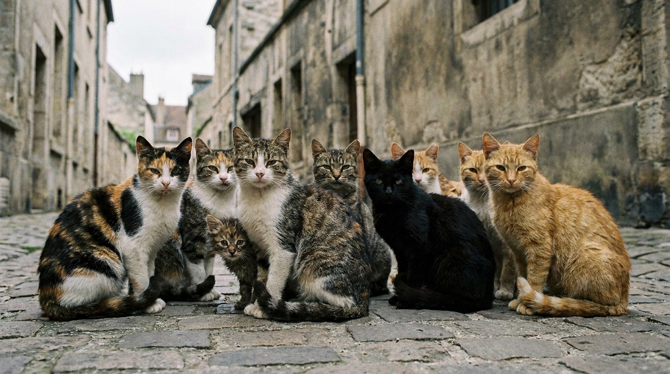 Un groupe de plusieurs chats errants, dont un chaton, se trouvant dans une ruelle d'un quartier de Dijon, semblant malades et méfiants.