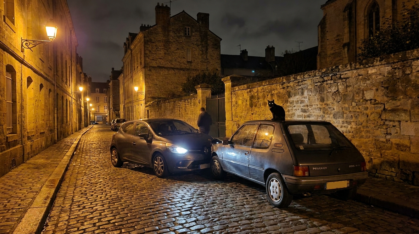 Un chat noir observe depuis un muret une voiture accidentée dans une rue française la nuit, illustrant l'excuse d'un conducteur ivre.