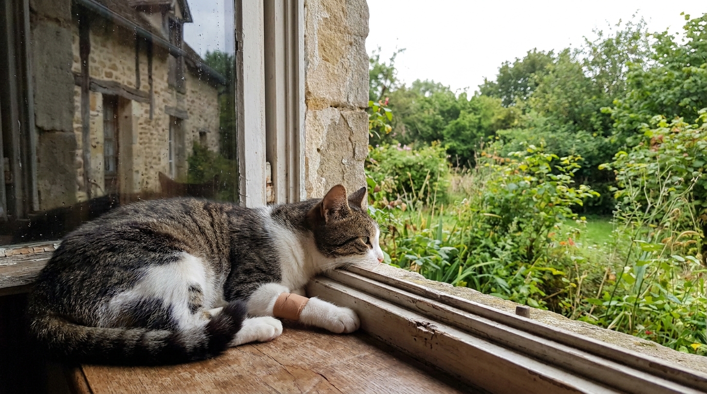 Un chat tigré se reposant sur un canapé, regardant tristement par la fenêtre d'une maison en pierre typique de la Dordogne.