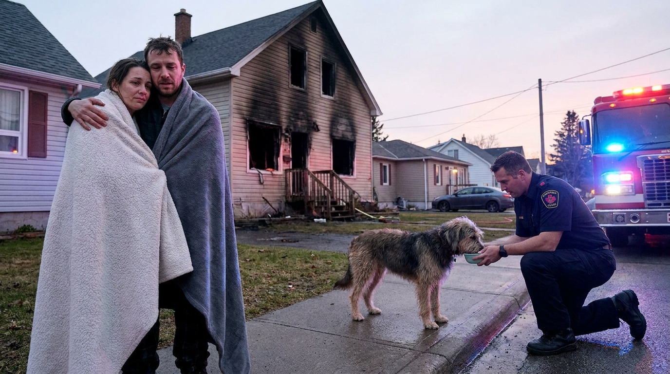 Un couple regarde avec soulagement une maison après un incendie, un pompier tenant un chien en sécurité près d'eux.