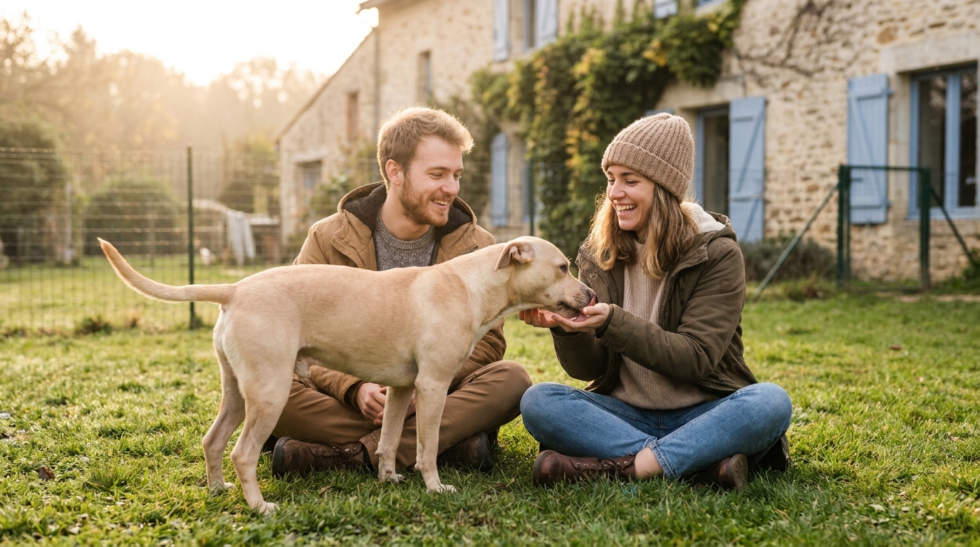 Un jeune couple assis sur l'herbe regarde avec amour un chien de type Pitbull qui leur lèche le visage, dans le parc d'un refuge.