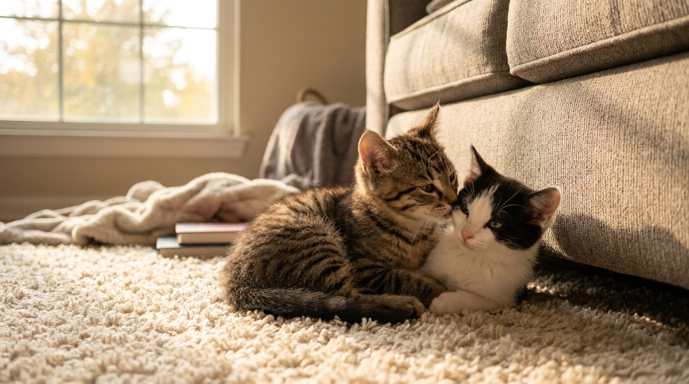 Deux adorables chatons, un tigré et un noir et blanc, se blottissent l'un contre l'autre avec tendresse après avoir été séparés.
