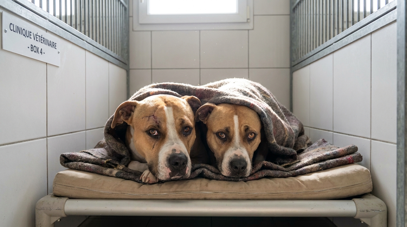 Deux chiens de type American Staffordshire, l'un avec un œil blessé, se serrent l'un contre l'autre dans un environnement de refuge, l'air triste mais résilient.