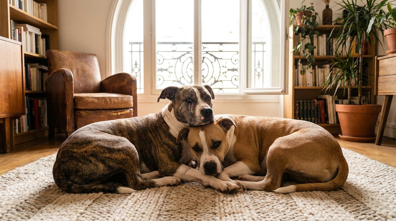 Vosko et Akya, deux American Staffordshire terriers rescapés, se reposent paisiblement dans un salon après avoir survécu à une terrible chute.