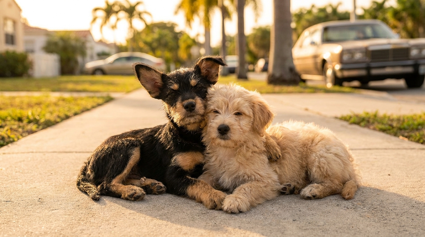 Deux adorables chiots croisés s'enlacent sur un trottoir, un geste de réconfort et de soulagement après leur sauvetage.