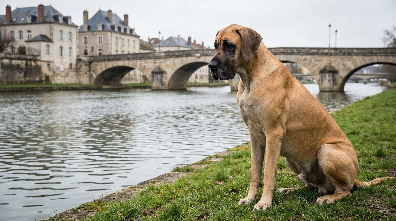 Un Dogue Allemand au regard mélancolique, assis dans un parc, symbolisant la tristesse des animaux victimes de maltraitance.