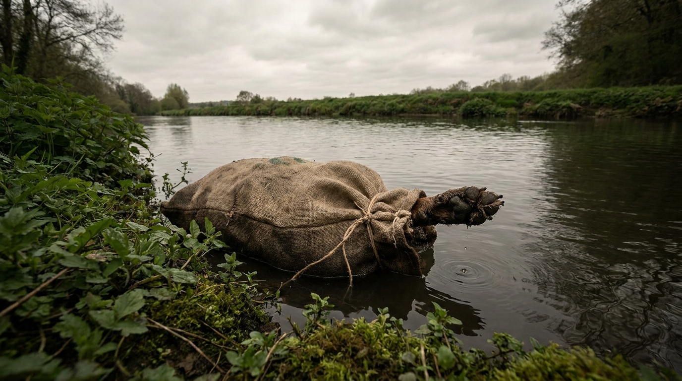 Un chien dans un sac flottant sur une rivière, symbole de la maltraitance animale et de la justice.