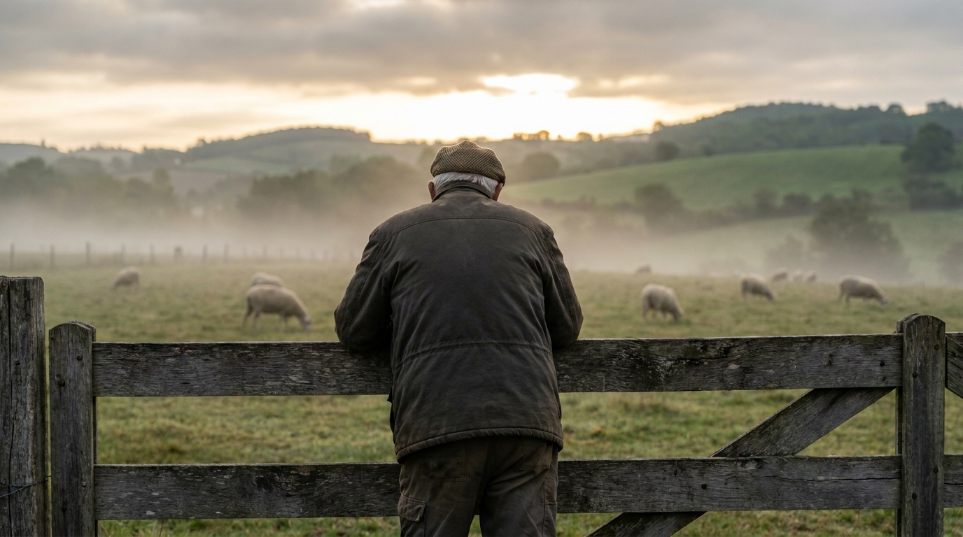 Un éleveur vu de dos regarde son champ au petit matin, une main sur la clôture, exprimant la détresse après une attaque de chiens sur ses brebis.