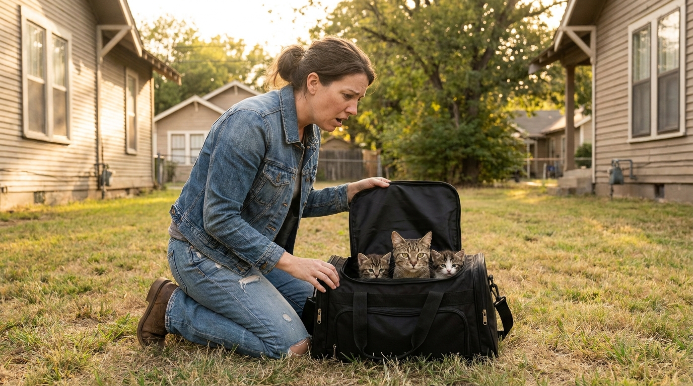 Une maman chat et ses trois chatons, tous sans queue (race Manx), blottis ensemble dans un panier douillet après leur sauvetage.
