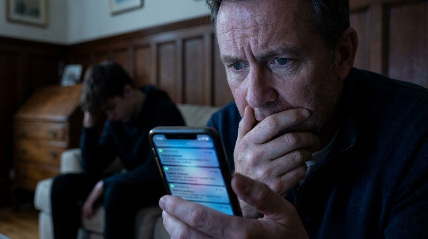 Un père regarde son téléphone avec une expression d'inquiétude, le visage de son fils adolescent est visible derrière lui, flouté.
