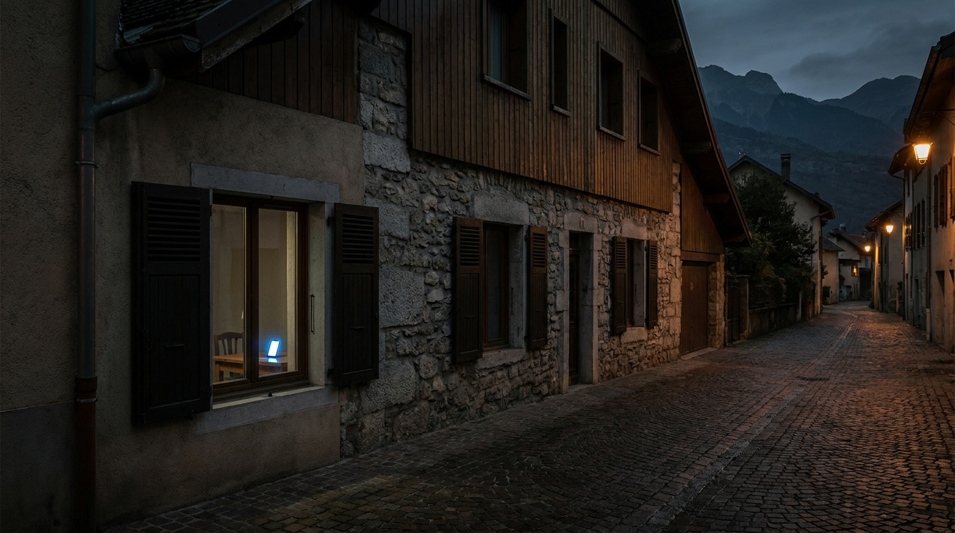 Une maison aux volets clos dans une ville de France, symbolisant la peur et le confinement d'une famille menacée.