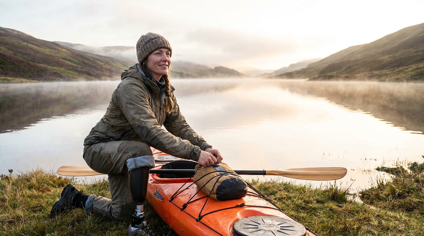 Une femme amputée d'une jambe, souriante et déterminée, prépare son kayak coloré au bord d'un loch écossais brumeux au lever du soleil.