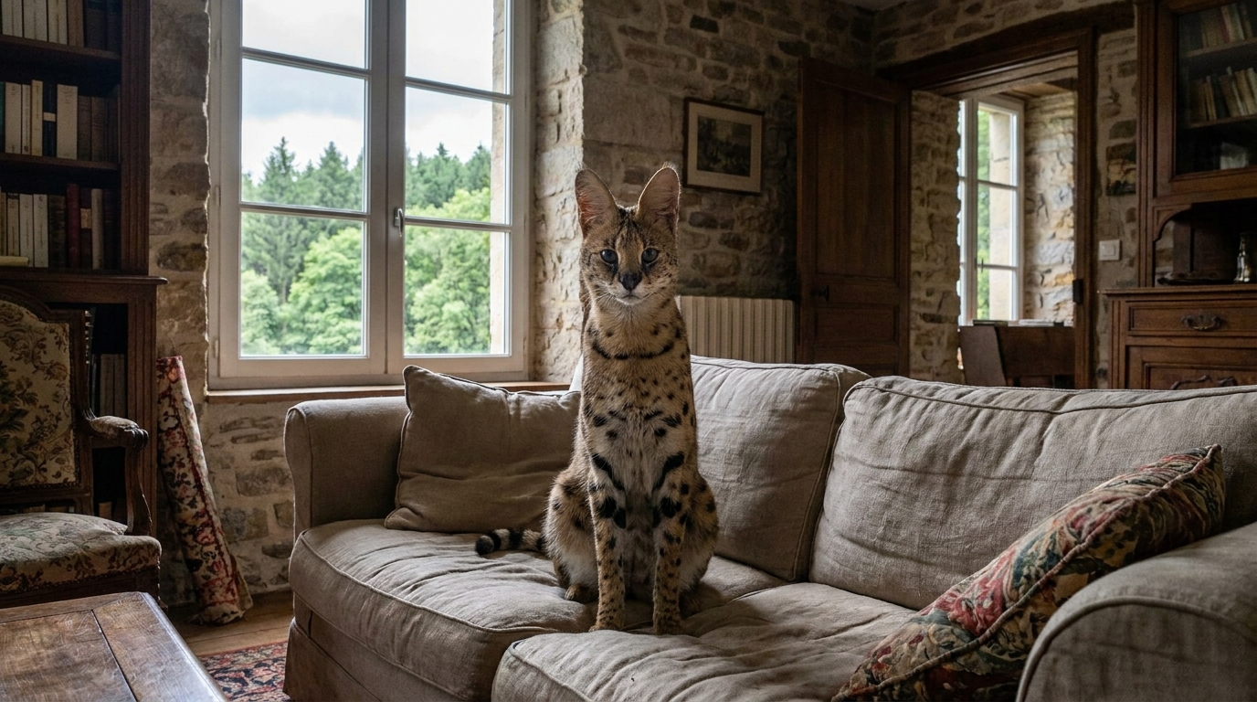 Un serval, félin sauvage aux grandes oreilles, assis dans un salon, illustrant l'histoire d'une femme qui a confondu cet animal avec un chat Savannah.