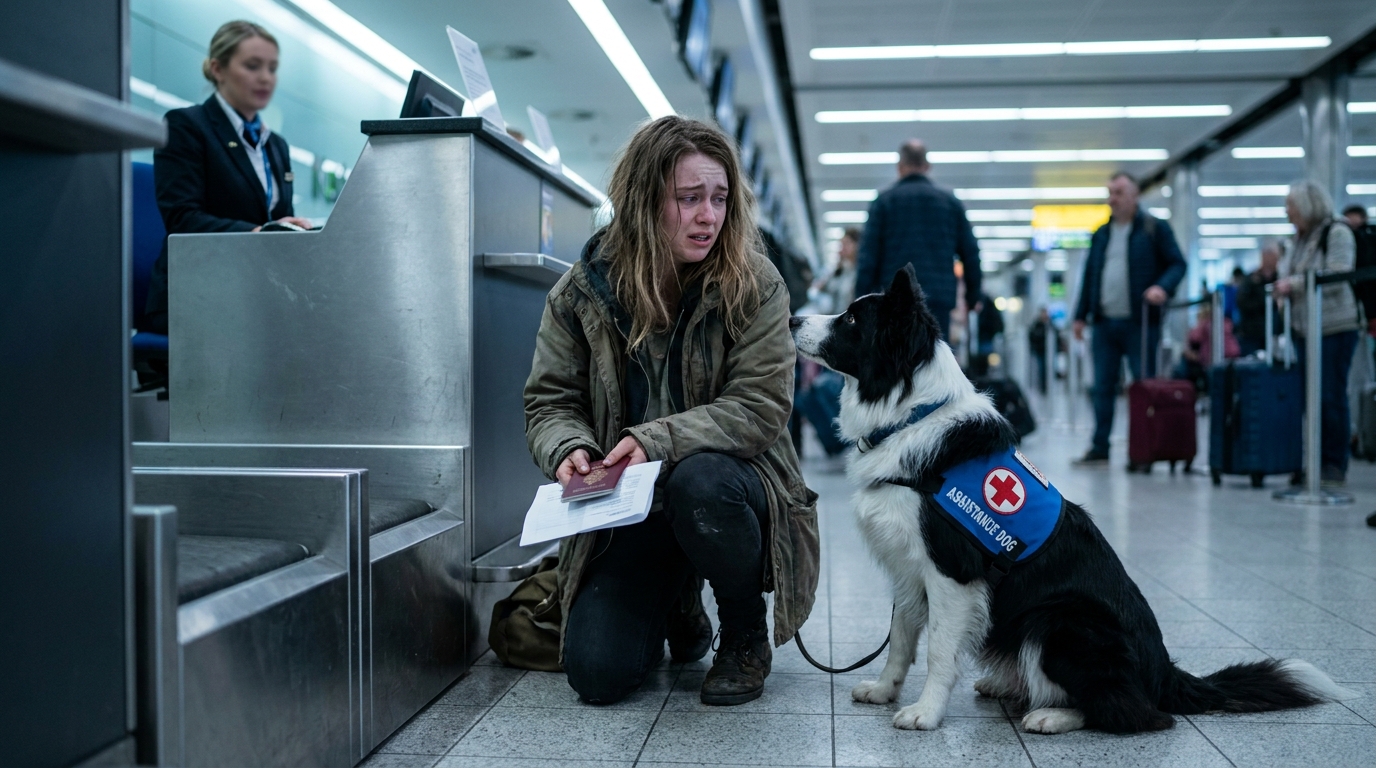 Une jeune femme, l'air désemparé, assise près de sa valise dans un hall d'aéroport, son chien border collie couché à ses pieds.