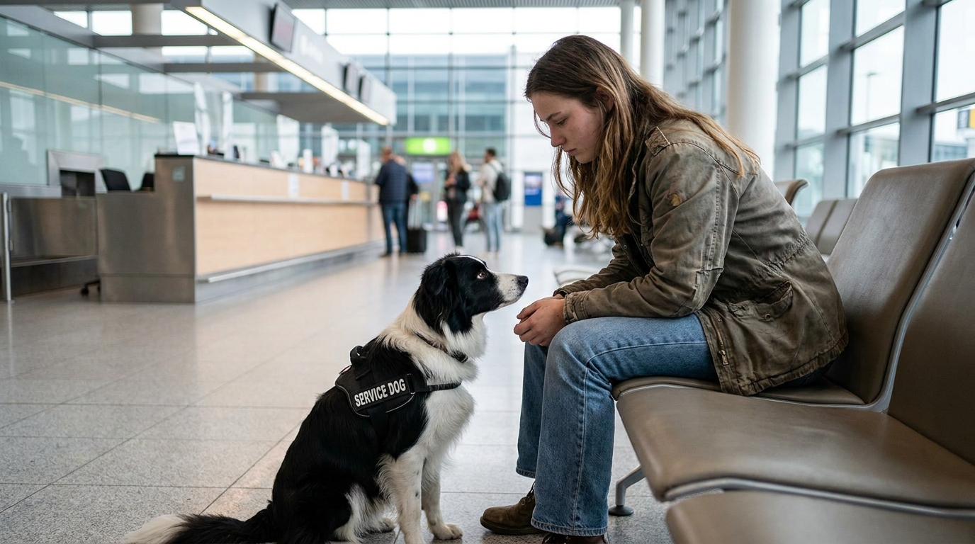 Une jeune femme, l'air déçu, est assise près d'un comptoir d'aéroport avec son chien d'assistance de race Border Collie à ses pieds.