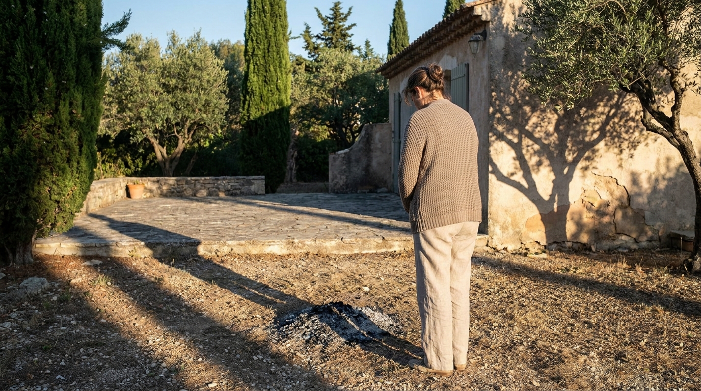 Une femme dévastée se tient dans le jardin d'une maison du sud de la France, regardant un petit tas de cendres au sol.