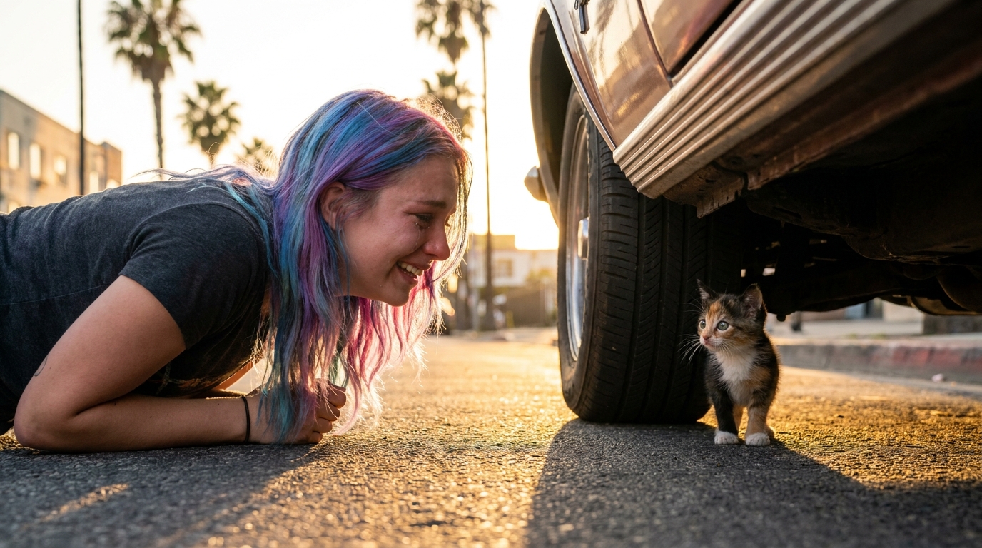 Une jeune femme regarde avec tendresse un petit chaton calico qui se cache sous le garde-boue de sa voiture dans une rue de Los Angeles.