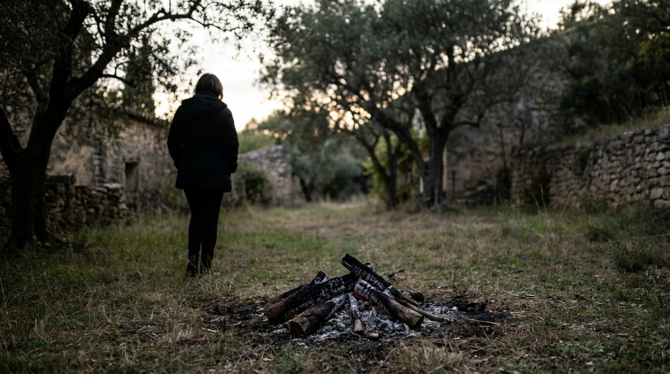 Vue d'un jardin en désordre avec les cendres d'un feu de camp, symbolisant la terrible découverte faite par une propriétaire de chats.